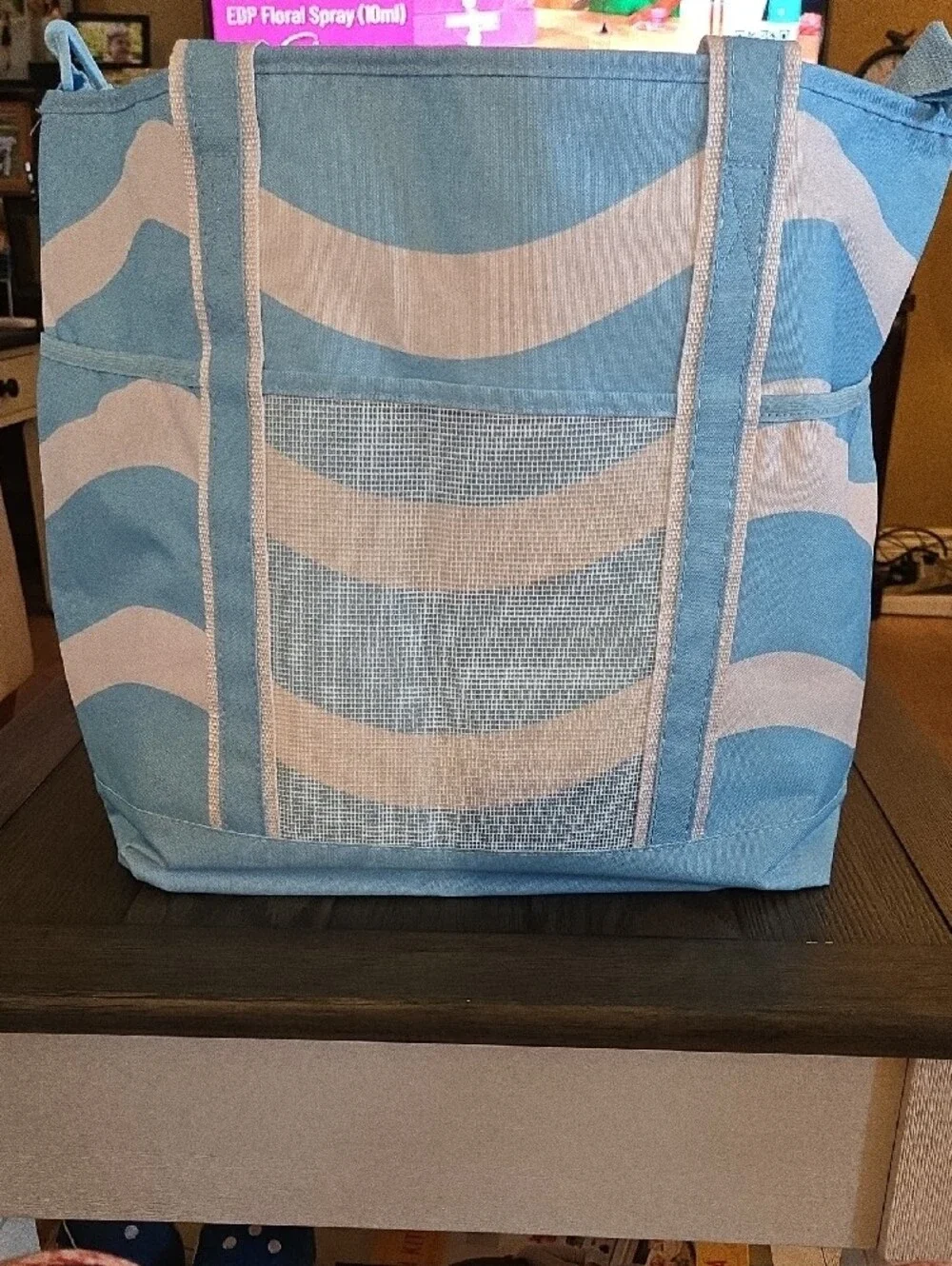 Striped Blue and White Beach Tote with Adjustable Strap, NWT.